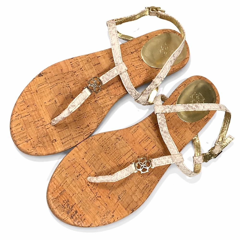 🌟 Ann Taylor Snake Print Flat Sandals 9 Beige Gold Taupe Cork Insole